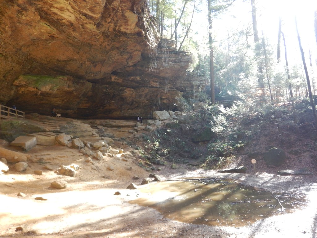 A rock shelter cave with a small waterfall into a pond with bright sunlight all around